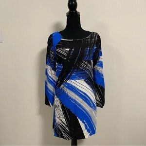 Milly Dress Women’s Size 4 Blue Black Brushstroke Shift Dress Long sleeve